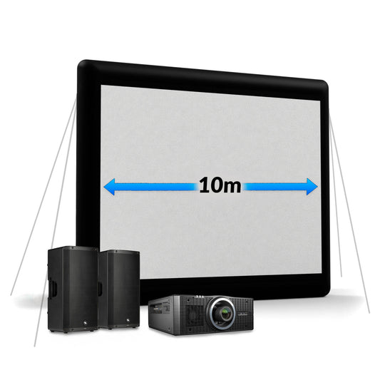 10 metre Outdoor movie screen setup with speakers and projector on a white background