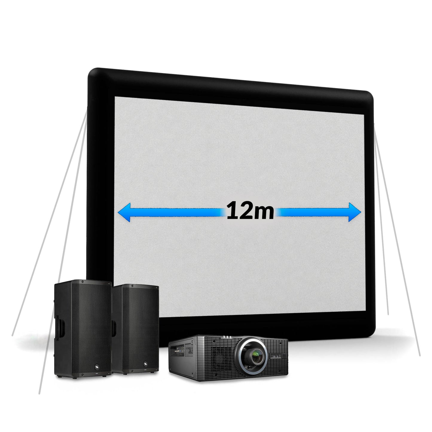 12 metre Outdoor movie screen setup with speakers and projector on a white background