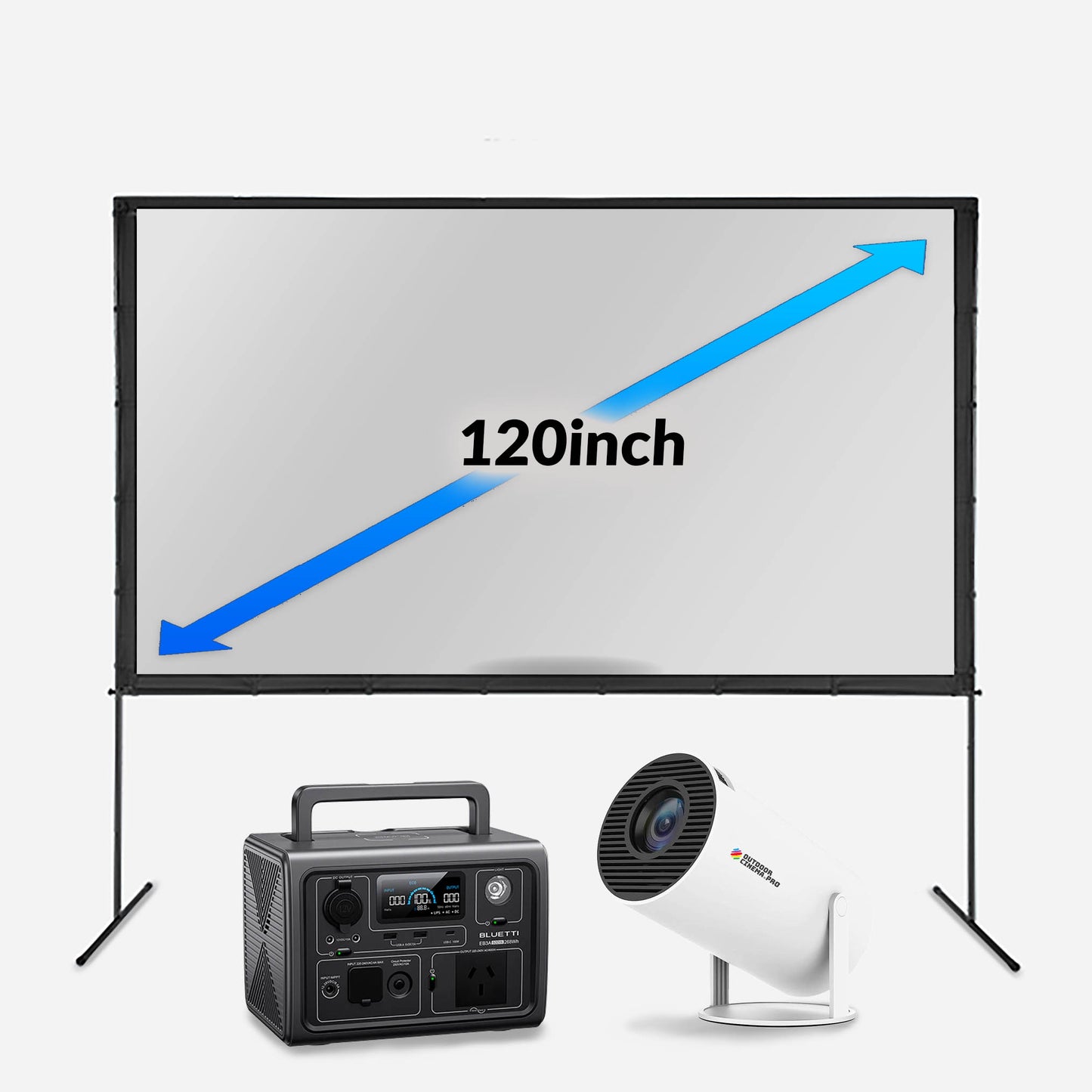 A 120 inch white projection screen with a a black portable power station, and a white projector placed in front of the screen.