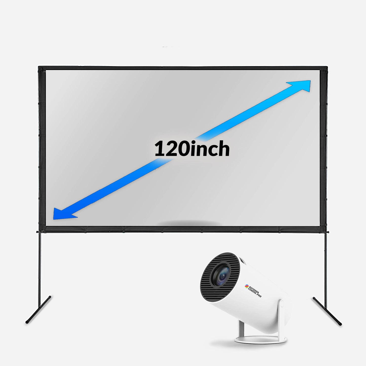A 120 inch backyard projection screen with a white surface and an aluminum frame, accompanied by a digital HD cinema projector.