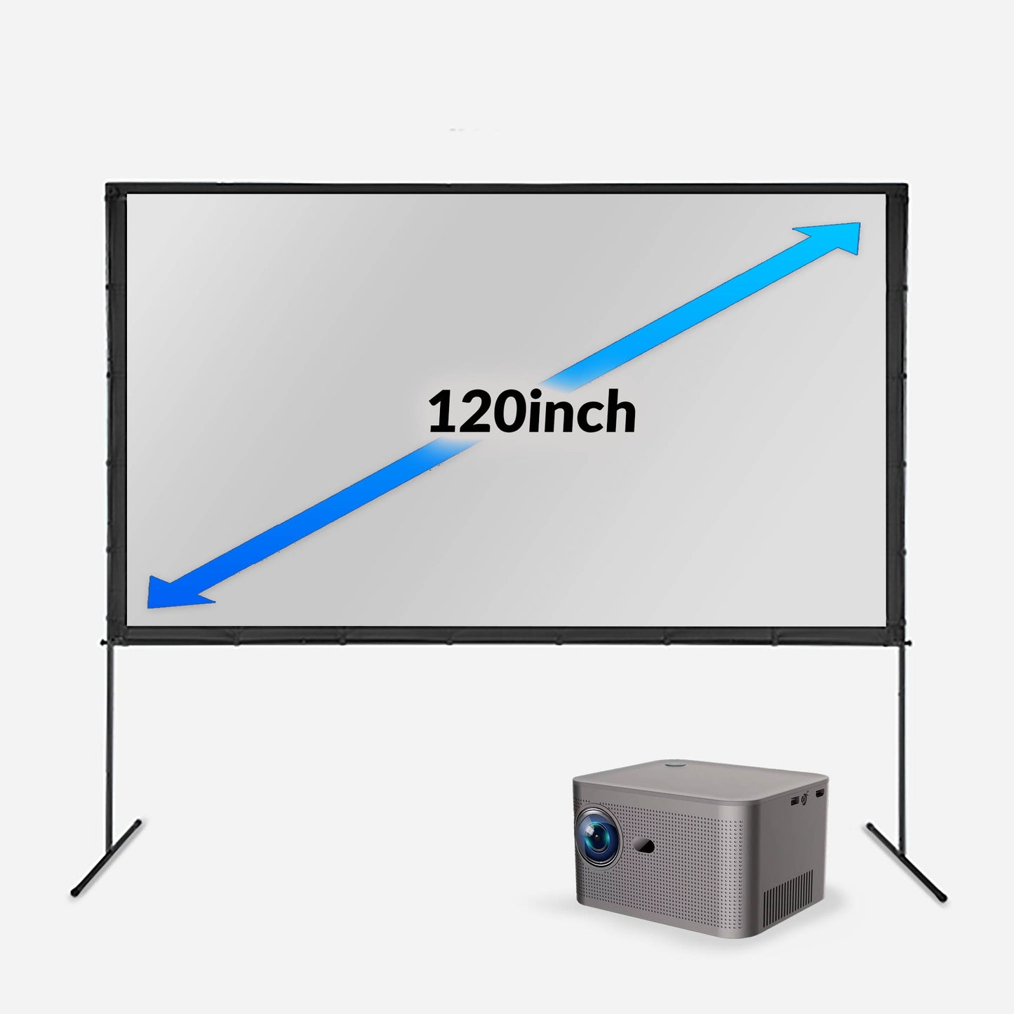 A 120-inch backyard projection screen with an aluminum frame, accompanied by a modern digital cinema projector.