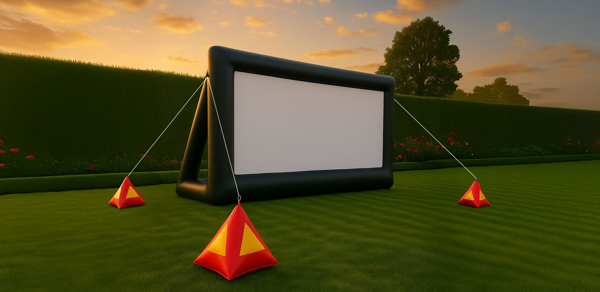 Inflatable movie screen set up outdoors, tethered by large water-filled anchors