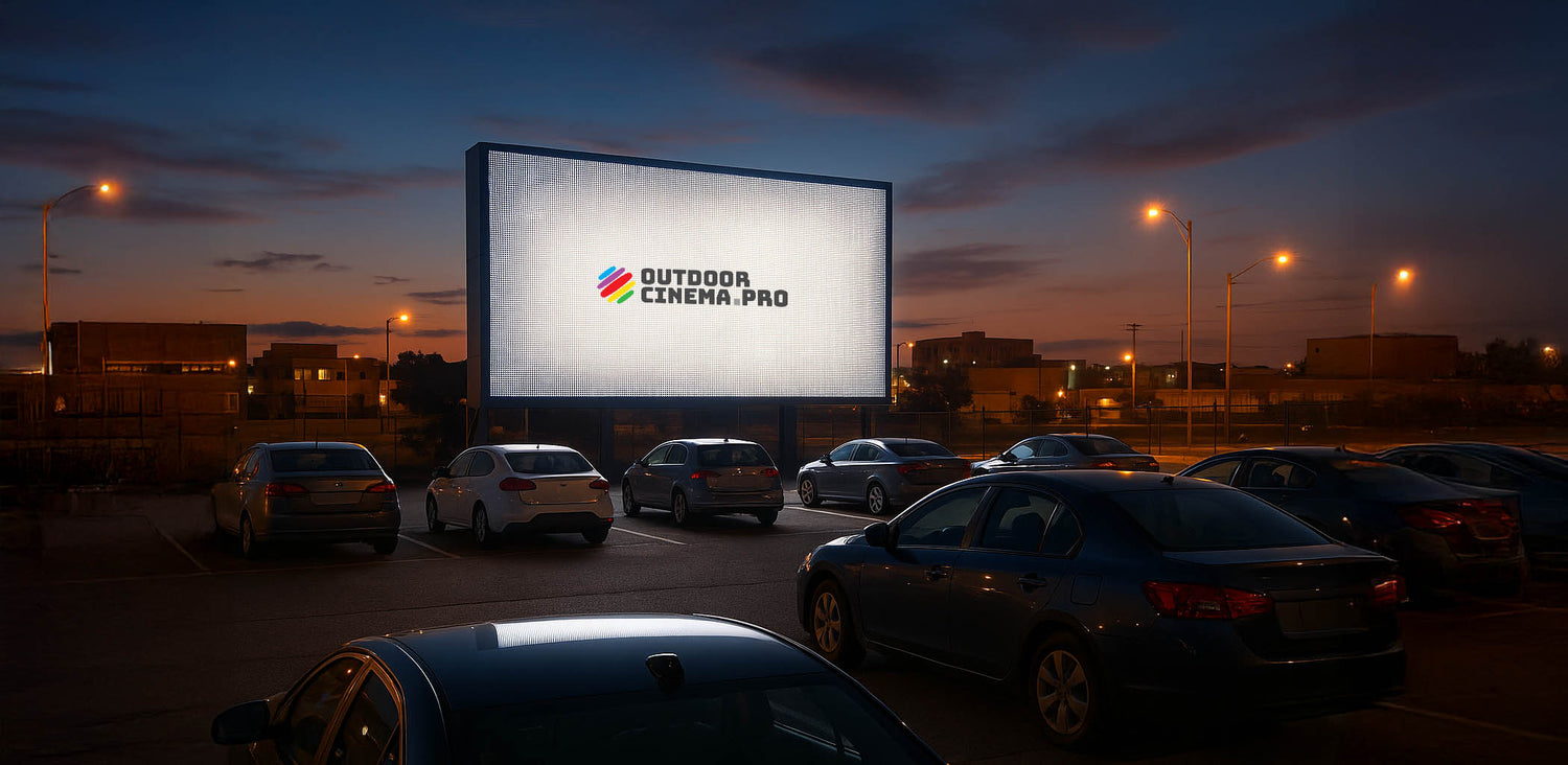 LED Screen cinema with cars parked under a large screen displaying 'Outdoor Cinema Pro' logo.