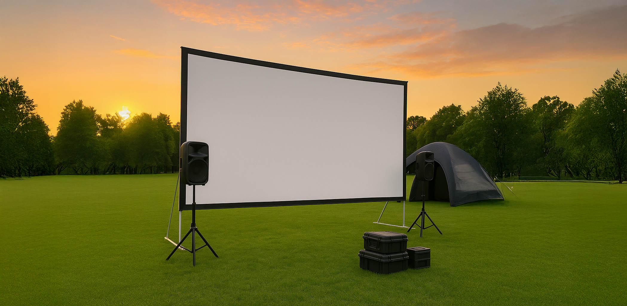 Outdoor setup with a fast fold projector screen, pa speakers, and a tent against a sunset sky.