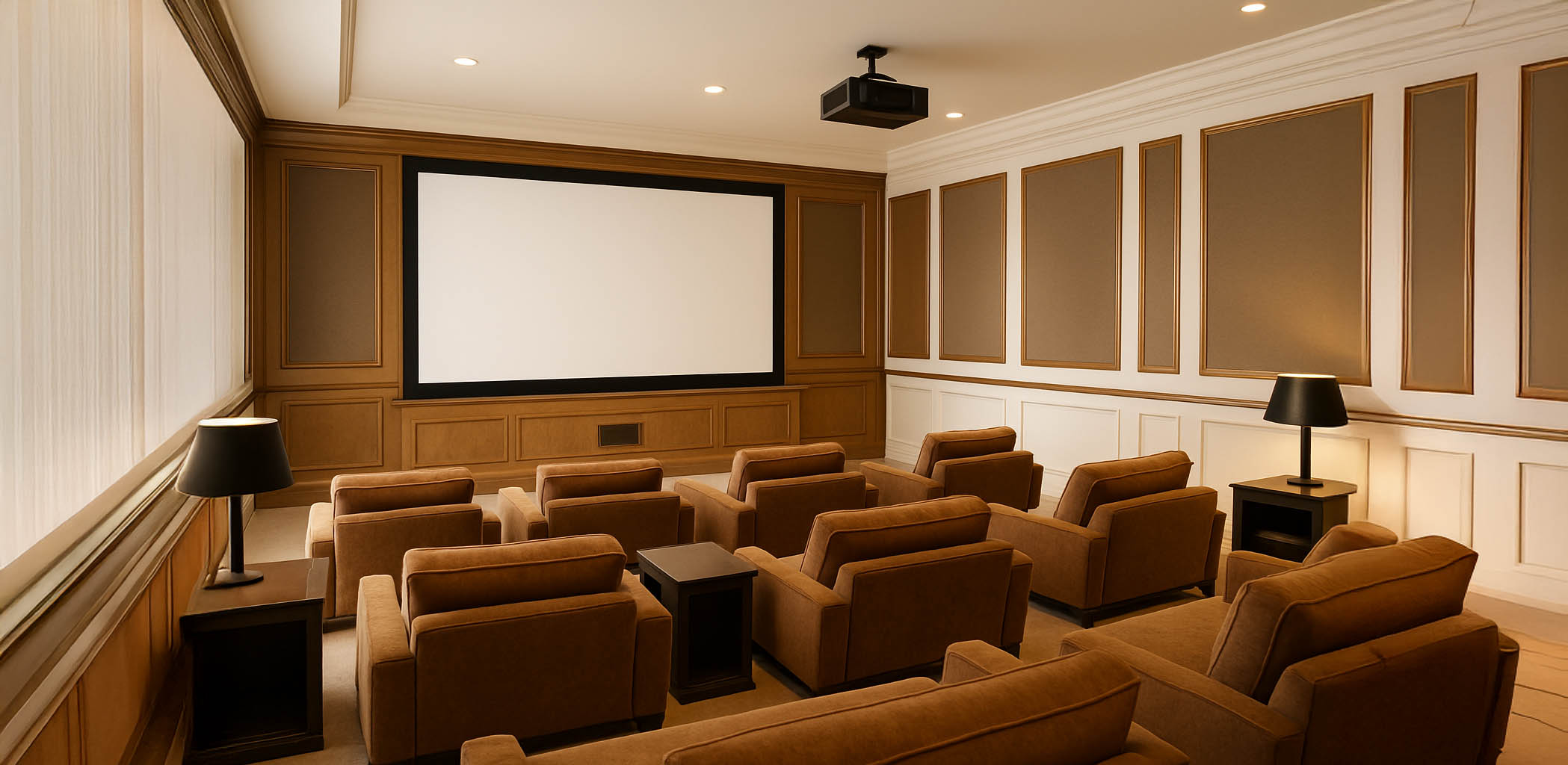 Modern home theater with roof mounted projector, brown leather cinema seats and a large screen.