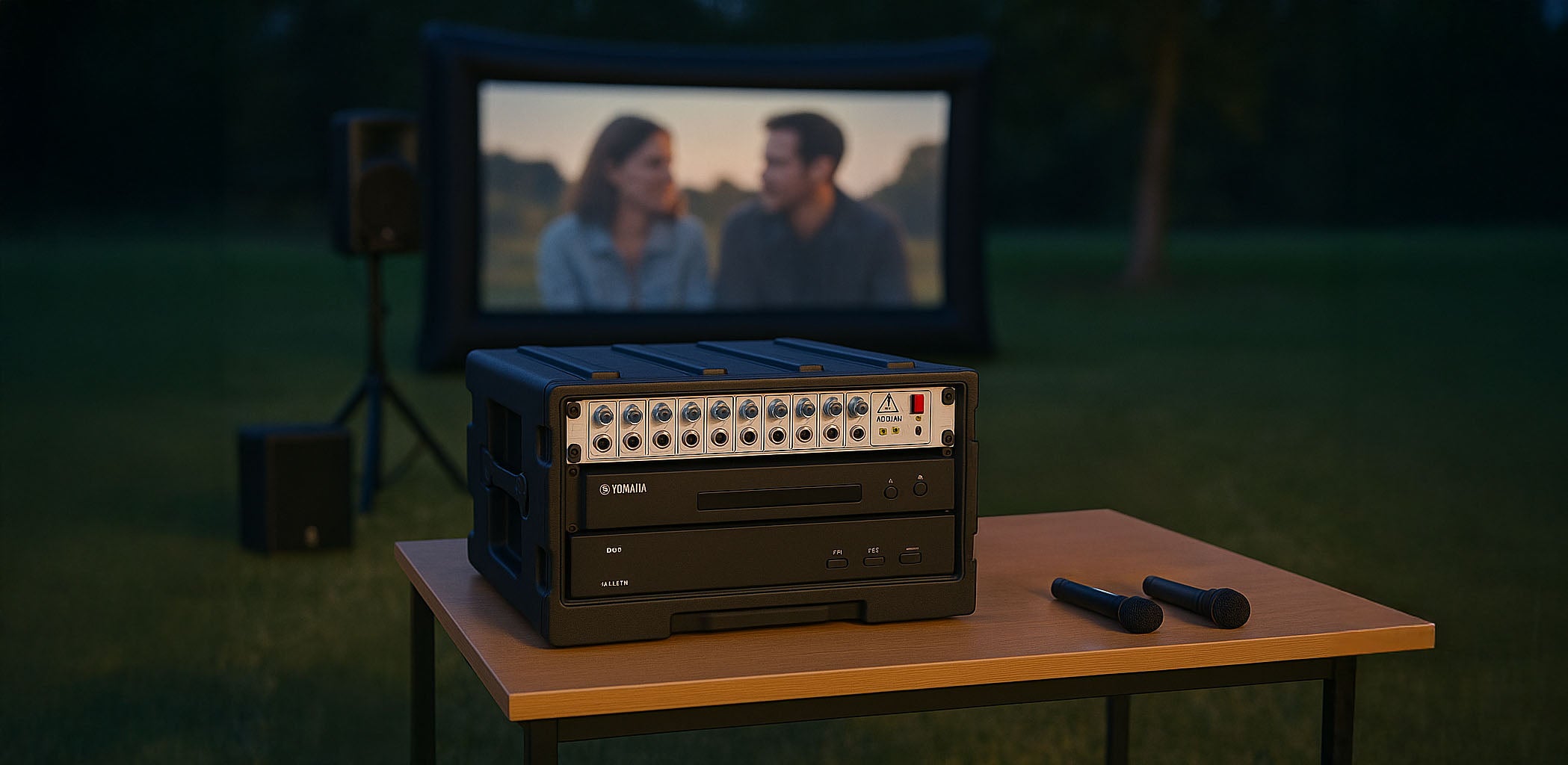 Media station with audio amplifier and bluray player on a table with an outdoor projection screen displaying a couple in a park setting.