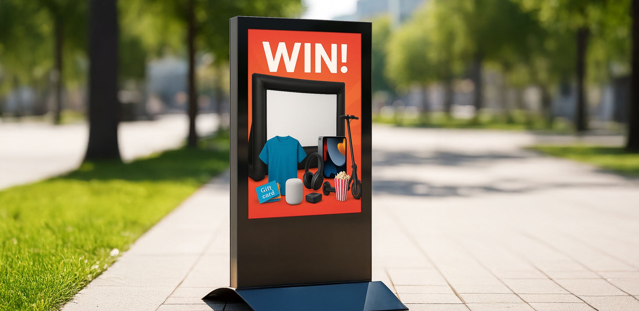 Digital display board with 'WIN!' message and prize illustration on a sidewalk.