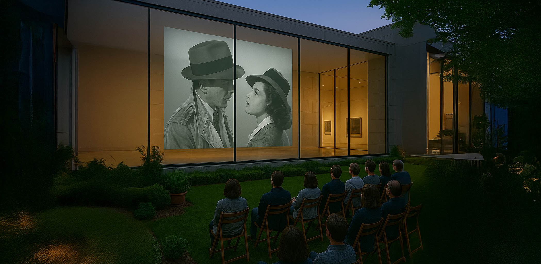 People watching a large window that is being used as a projection screen with an image of two people in hats at night.