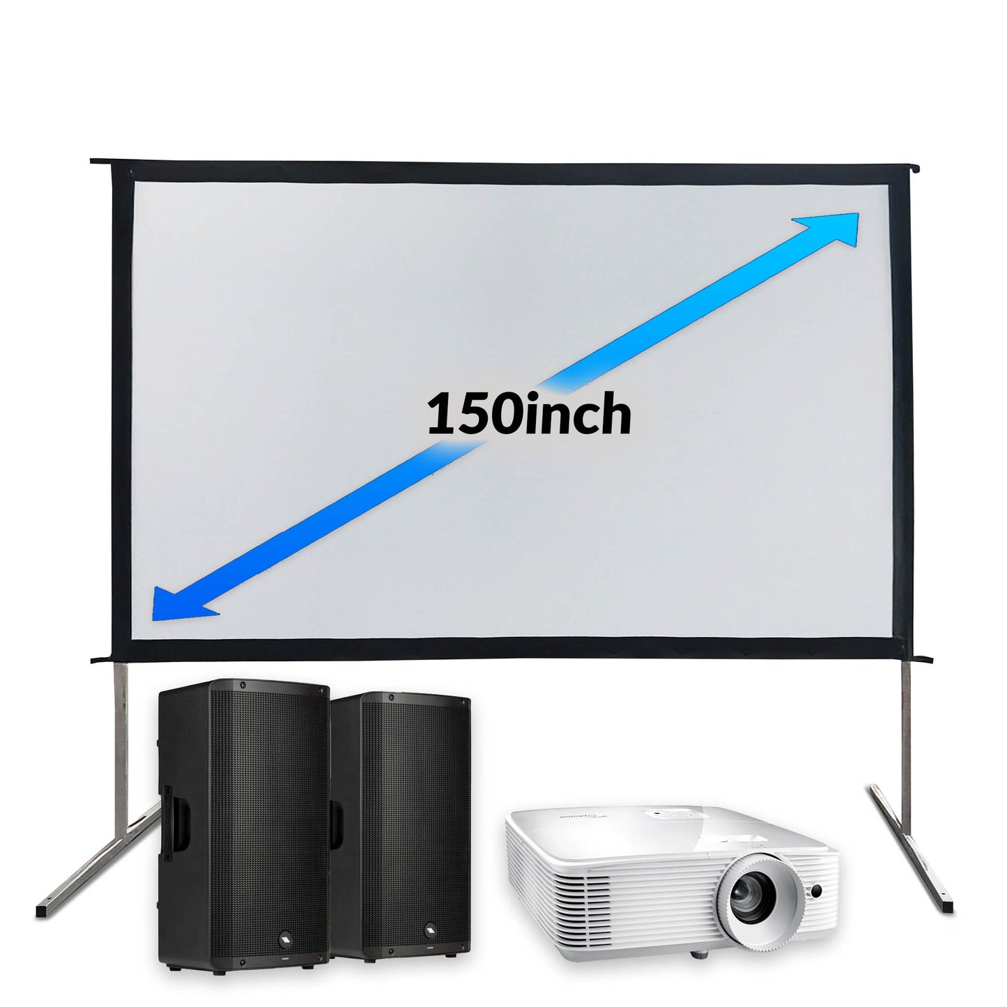 A 150 inch white projection screen, accompanied by a projector and two black speakers with stands.