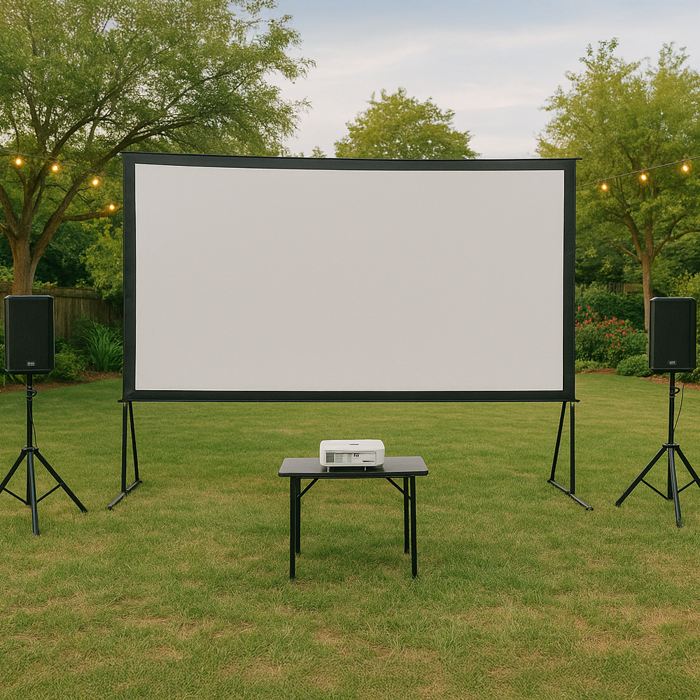 Backyard cinema kit with a 120″ screen, projector, and speakers on the grass ready for an outdoor movie night.