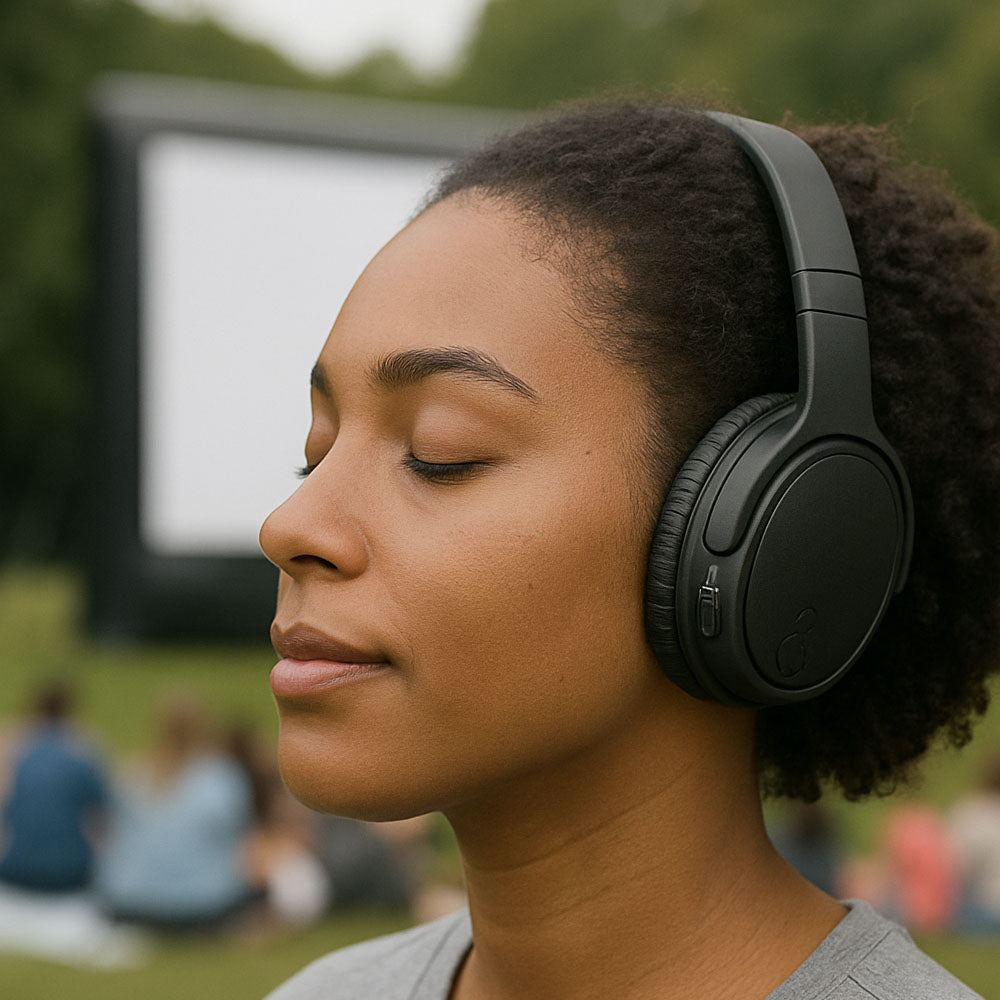 Woman wearing wireless headphones in a park setting with an outdoor projection screen in the background