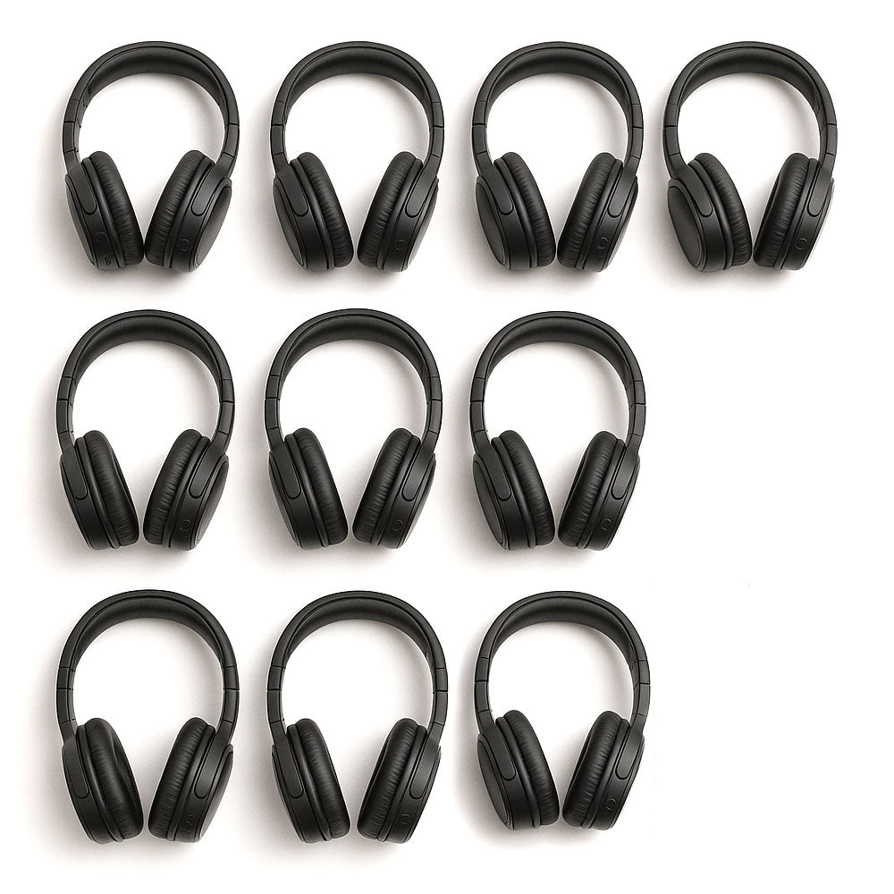 10 pairs of black headphones arranged in a grid on a white background