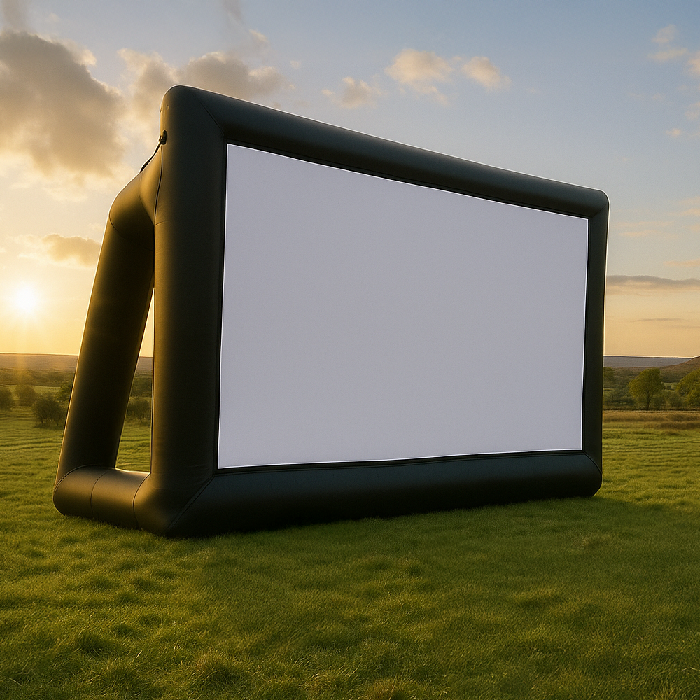Inflatable movie screen framed by an A-frame support, outdoor cinema setup at sunset in a field.