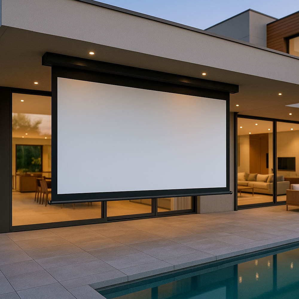 Outdoor motorised retractable projection screen for a home by the pool.