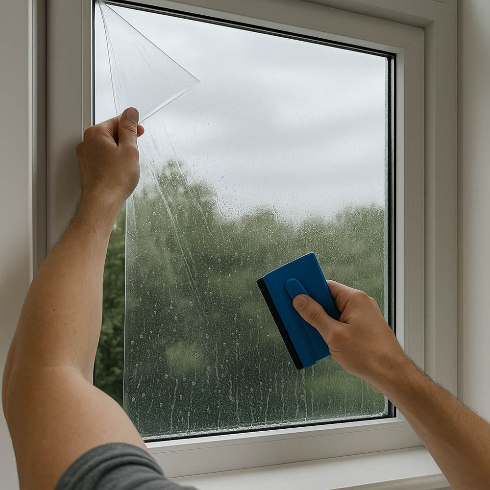 A person applying projection film to a window with a squeegee