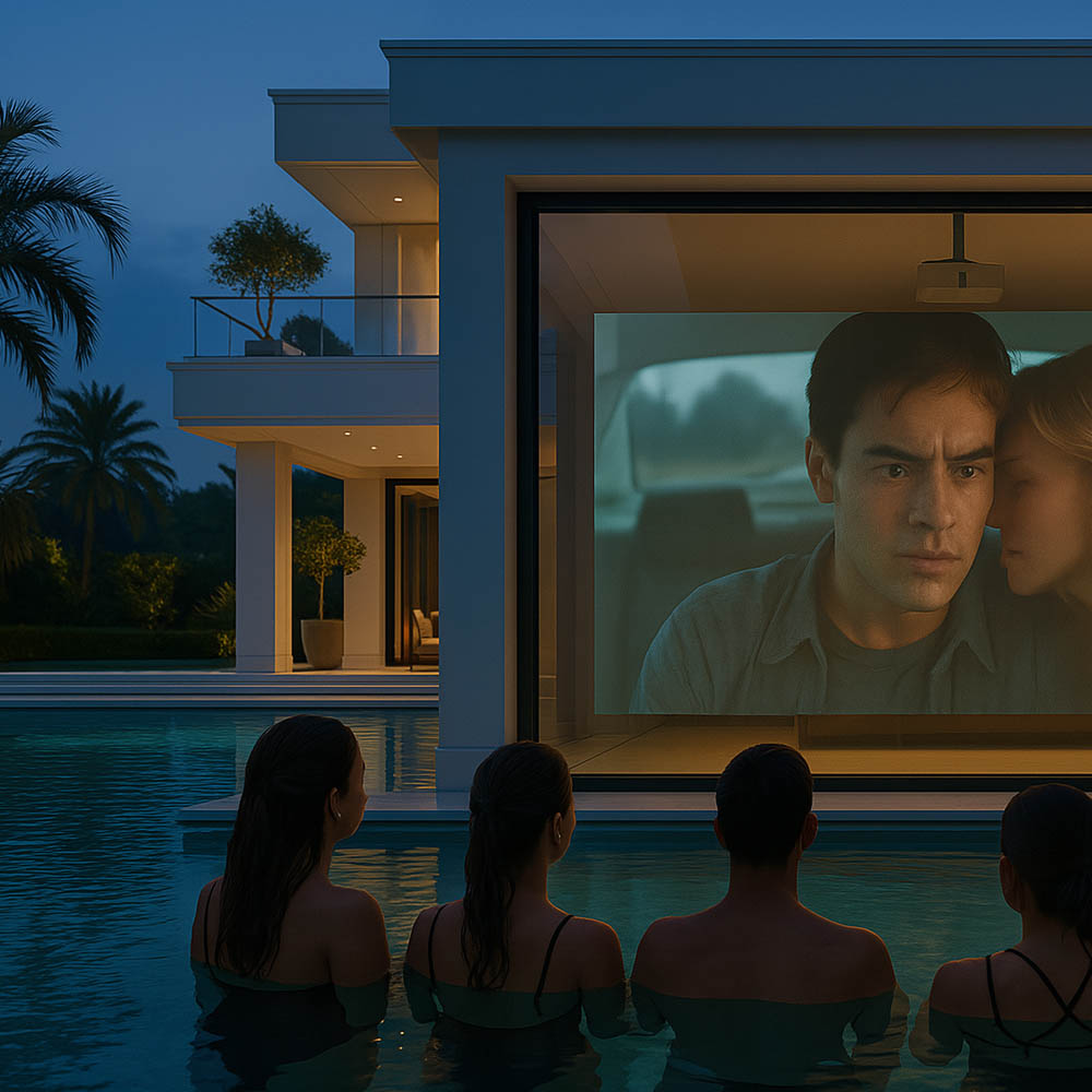 People watching a movie on a window using rear projection film by a pool at night.
