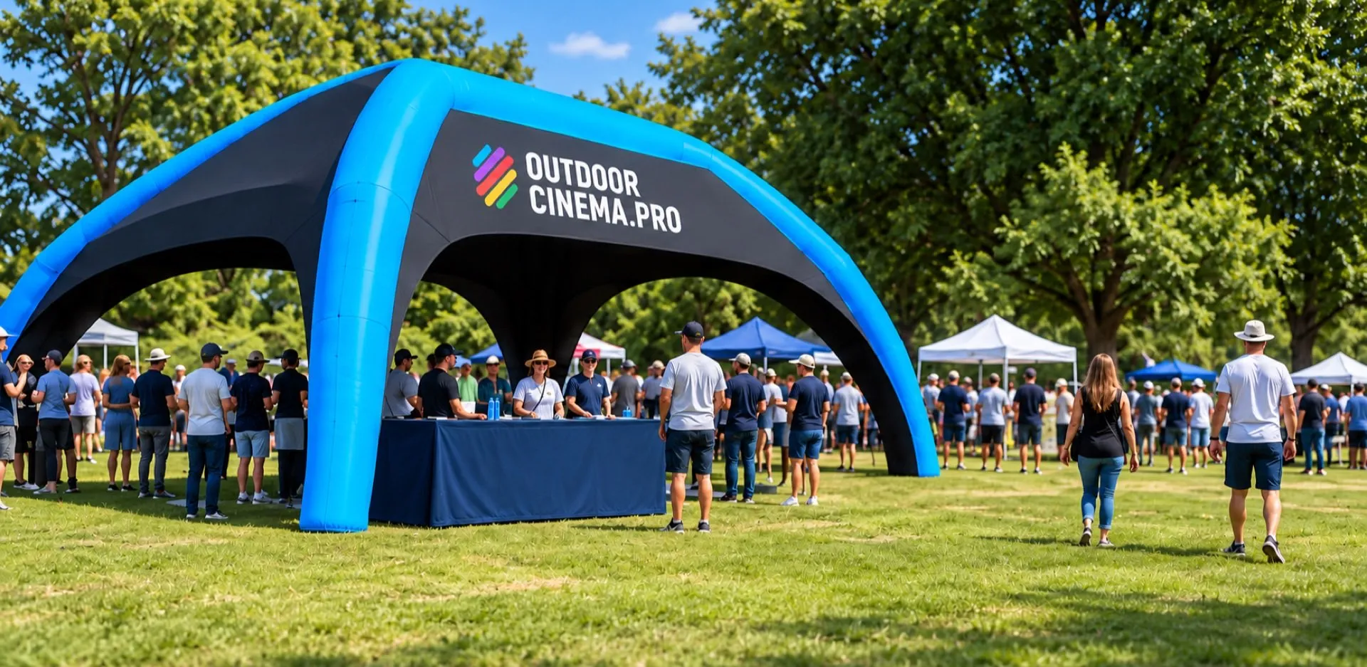 A branded blue and black inflatable marquee at a community event in a park, with a crowd gathered around a display table