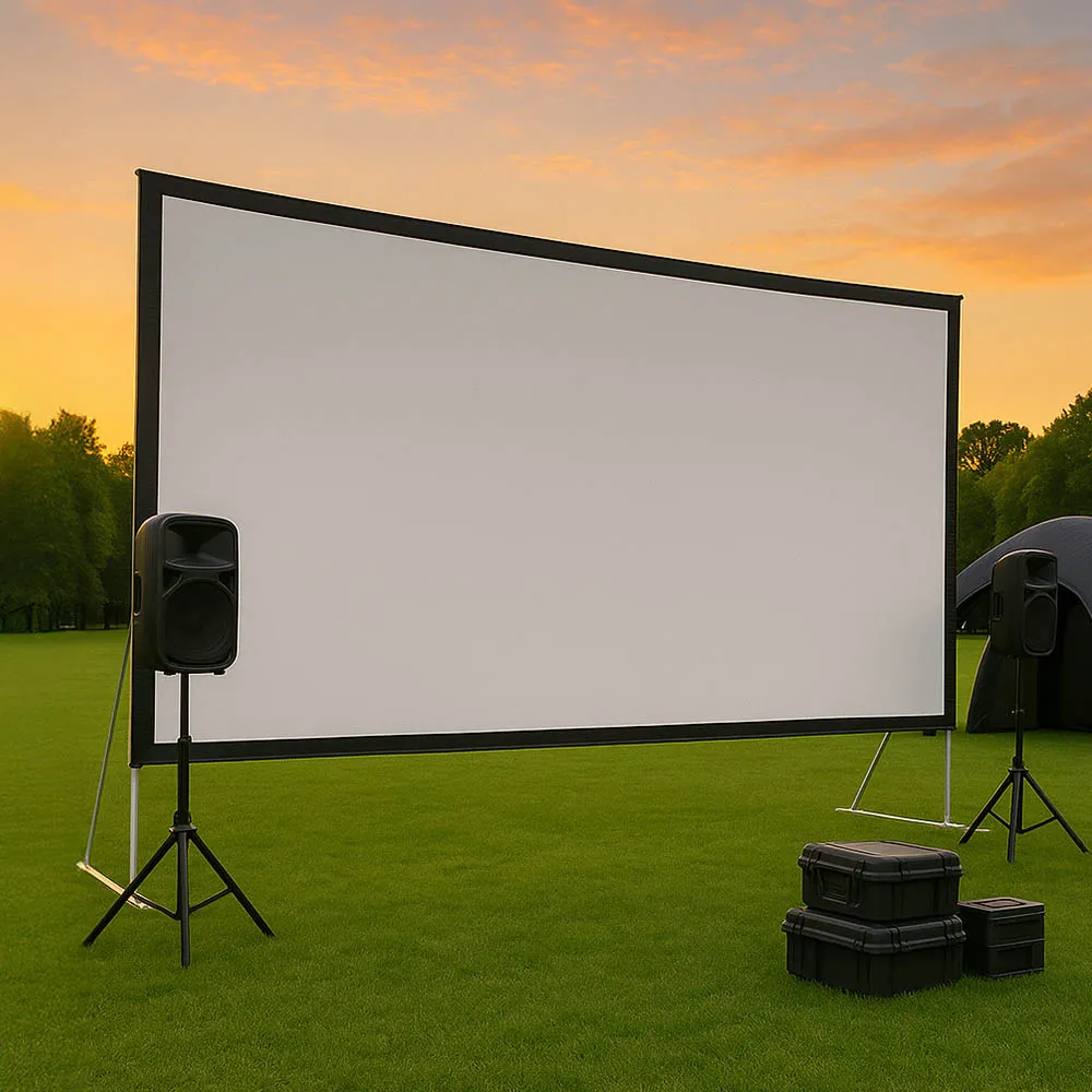 A fast-fold projection screen set up outdoors at sunset with speakers and equipment cases