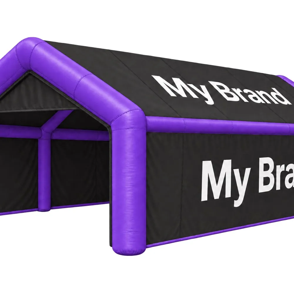 Illustration: an inflatable marquee built in a single purple brand colour, with printed branding on the roof and the side wall