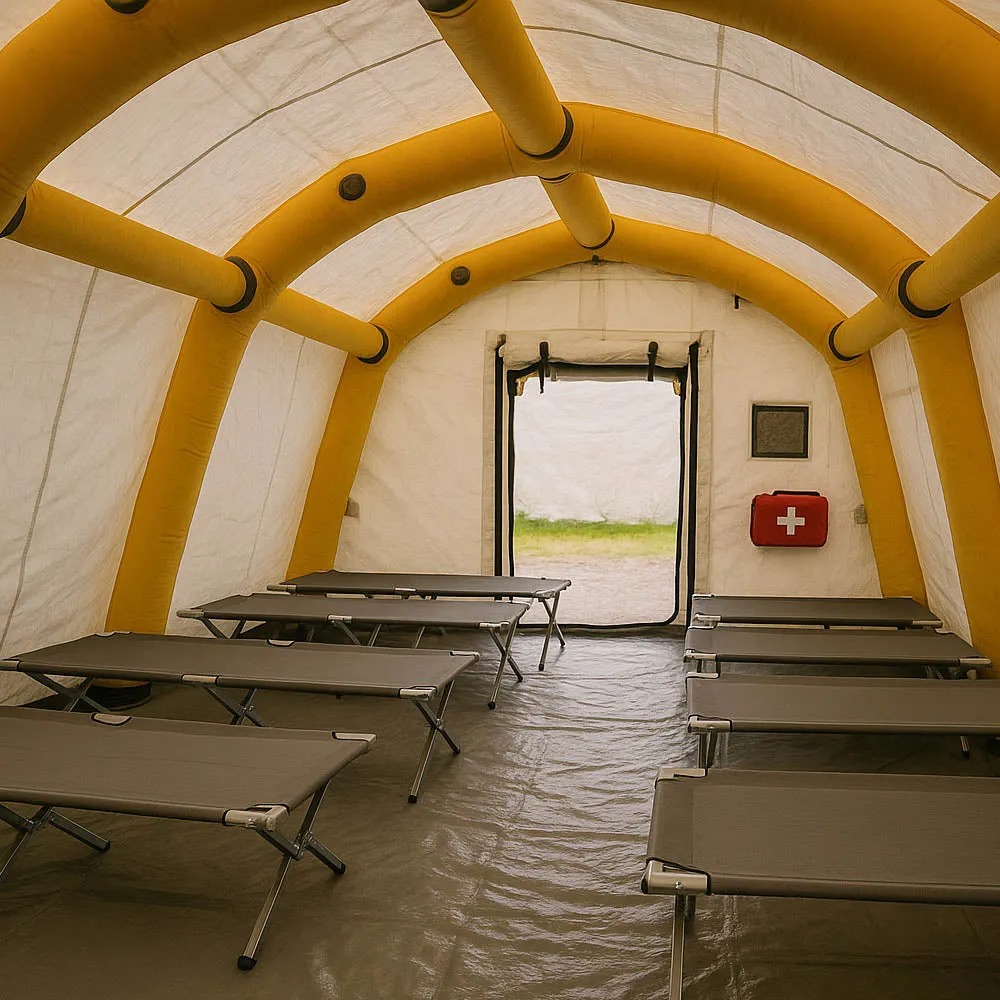 Inside a large inflatable tent showing the open interior span