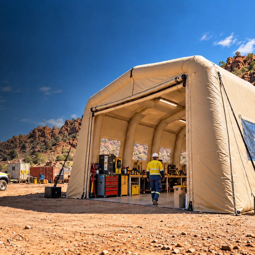 A large tan inflatable work tent on a remote site, open at one end over a workshop bench with a worker in hi-vis walking in