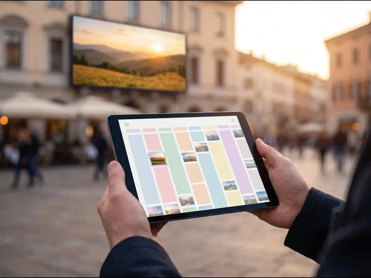 Illustration: a tablet showing a content schedule, with the outdoor LED screen it controls in the background