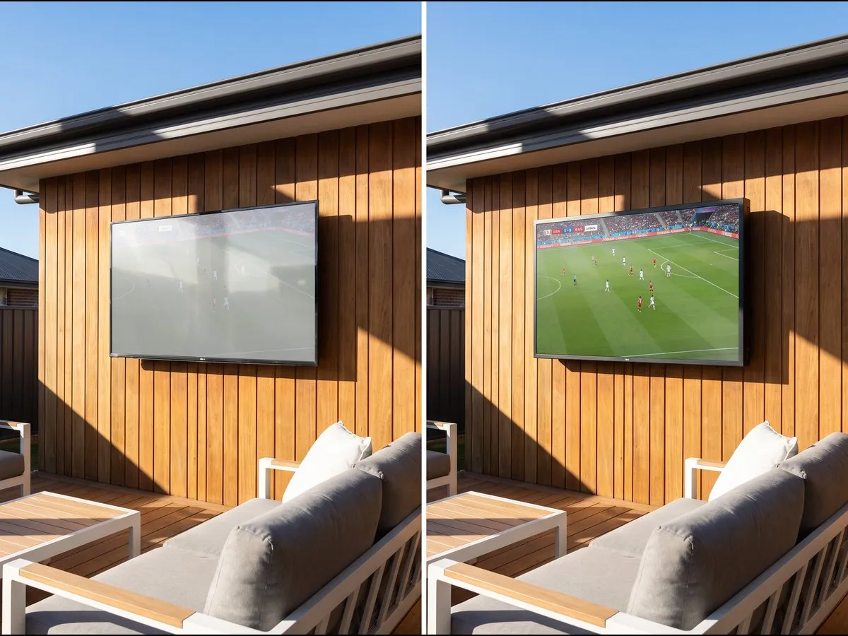Illustration: an indoor TV washed out in direct sun beside a bright, clear outdoor TV in the same position