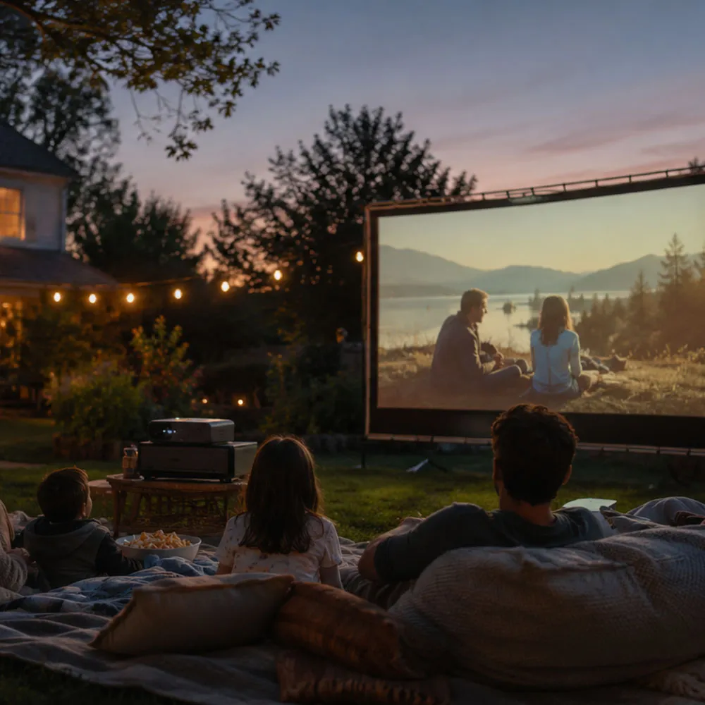 A backyard cinema screen set up on a lawn at dusk with seating in front