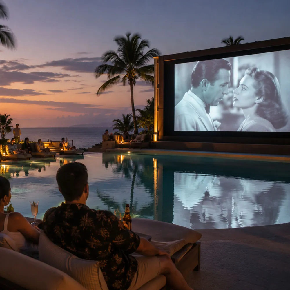 A resort poolside outdoor cinema setup at dusk with lounge seating