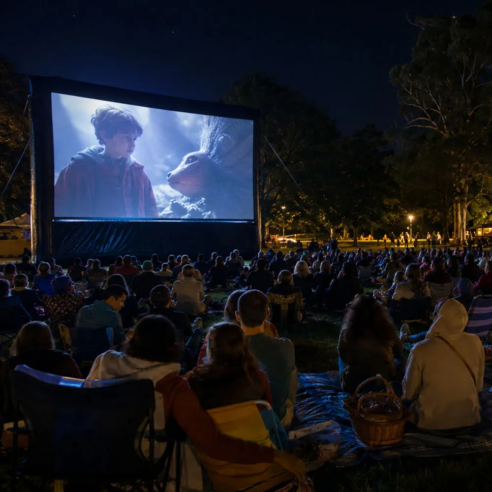 Families on picnic rugs at a school outdoor movie night fundraiser