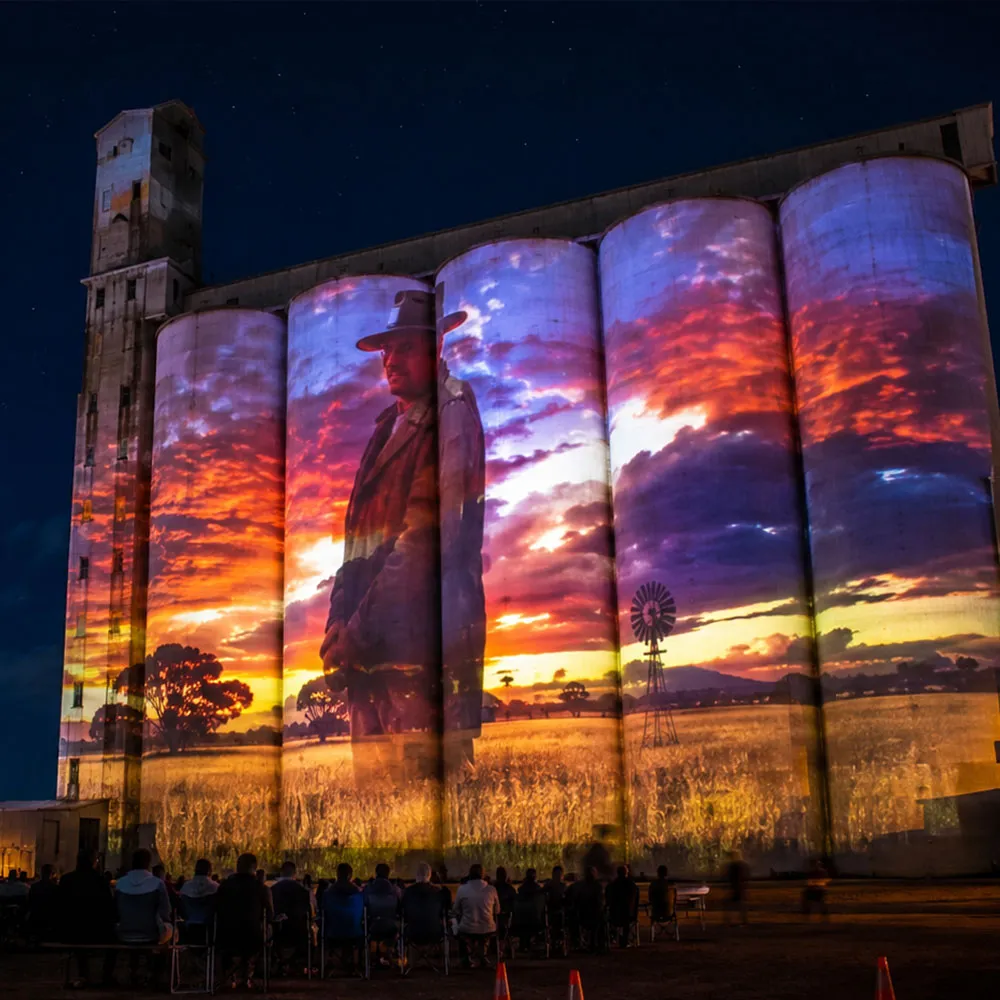 A large image projected onto a grain silo at night for a public art event