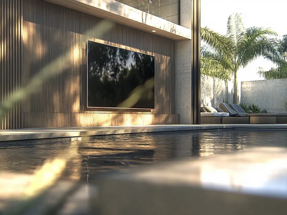 A large Sylvox outdoor television mounted on a timber wall beside a swimming pool