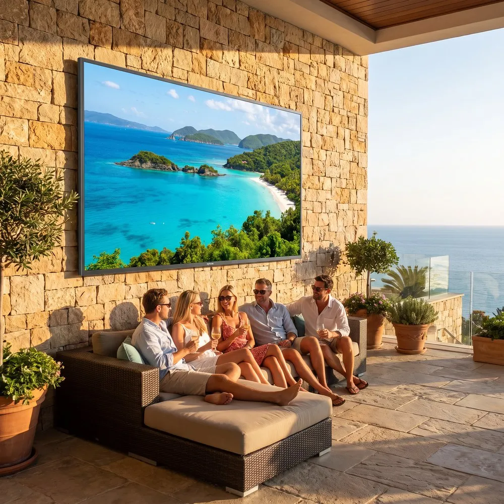 Illustration: the Sylvox Cinema Pro 110-inch outdoor TV on a terrace wall, the screen wider than the lounge of people seated beneath it