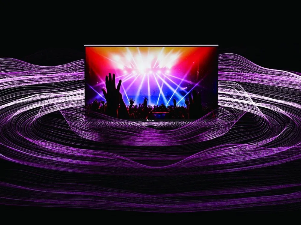 Sound radiating from the built-in speakers and subwoofer of an outdoor television