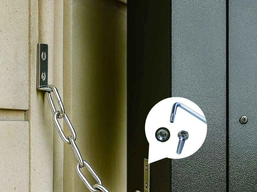 Close view of the rear anti-theft lock and security chain on an outdoor television