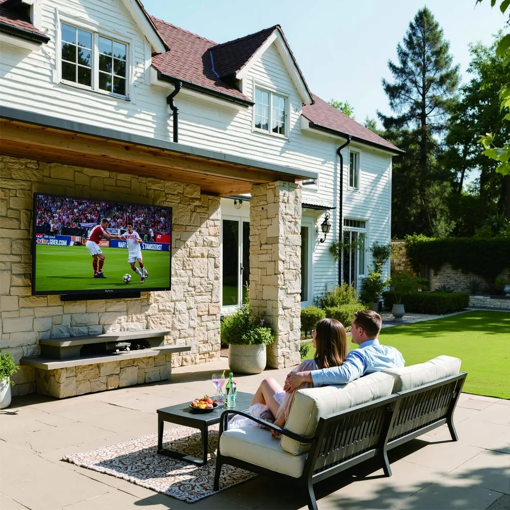 A Sylvox Porch Pro outdoor TV wall-mounted under the eaves of a house with two people watching sport from an outdoor lounge
