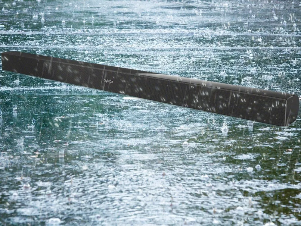 The Sylvox Elf S2 outdoor soundbar in heavy rain