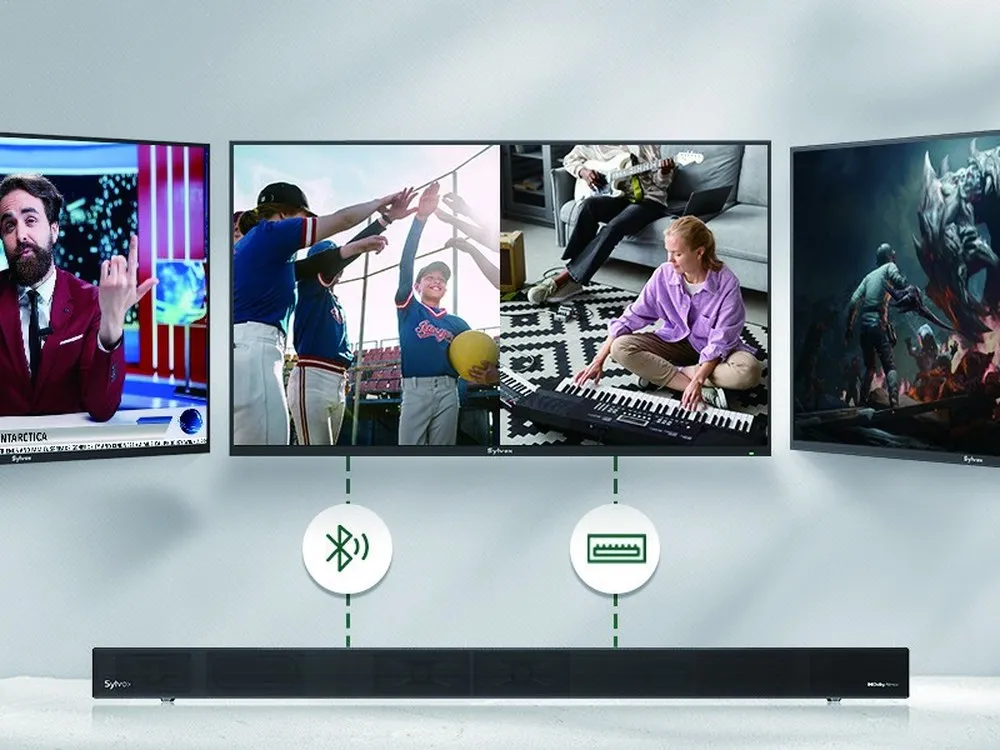 A soundbar connected to an outdoor television over HDMI ARC and Bluetooth