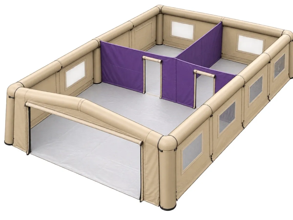Illustration: a cutaway view inside an inflatable structure showing purple internal partition walls dividing the floor into separate rooms