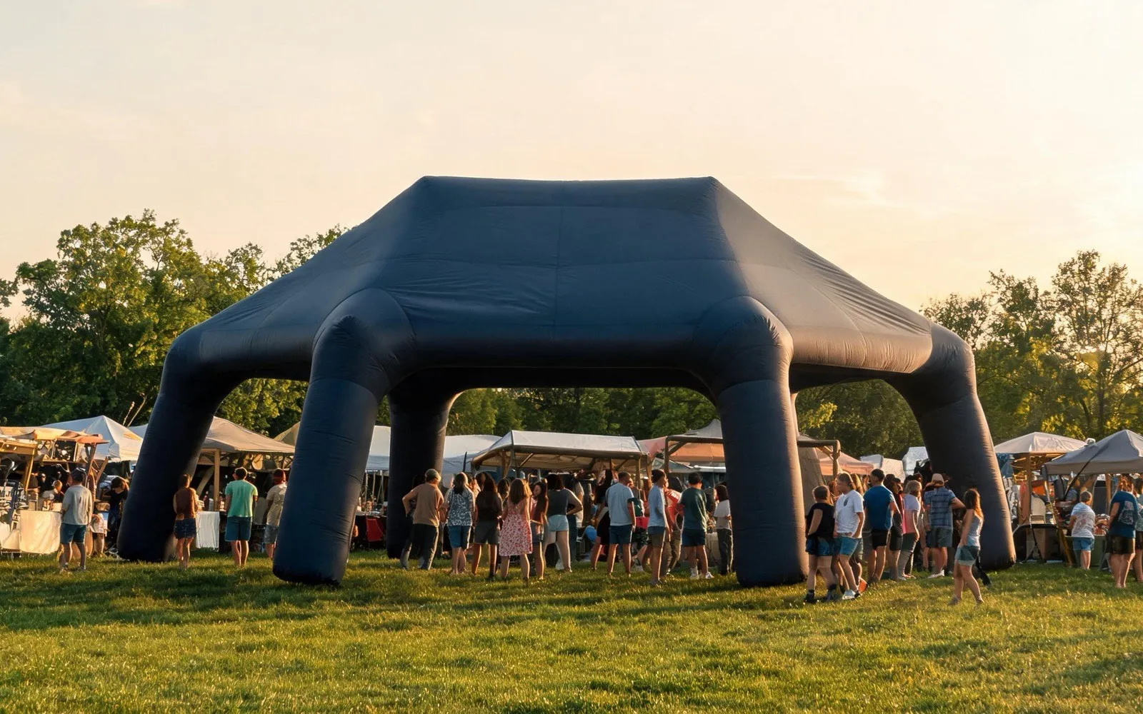 A large dark inflatable marquee on grass at an outdoor festival at golden hour, with a crowd and market stalls around it