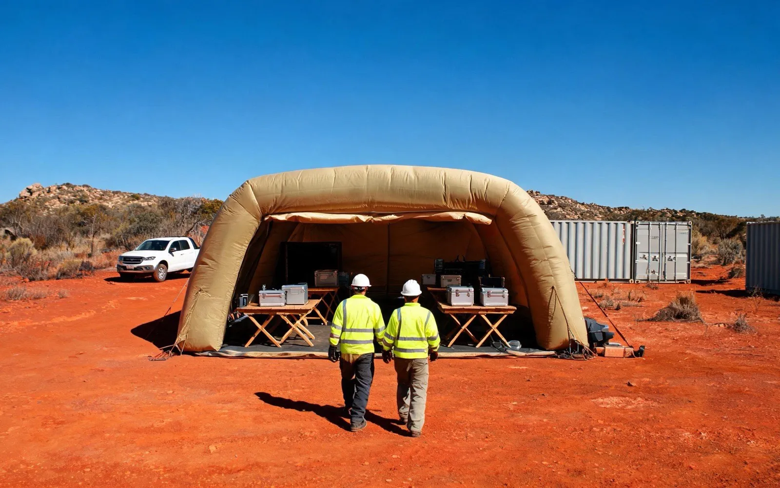 A tan inflatable work shelter on a red-dirt Australian site, with two workers in hi-vis walking towards equipment set up under it
