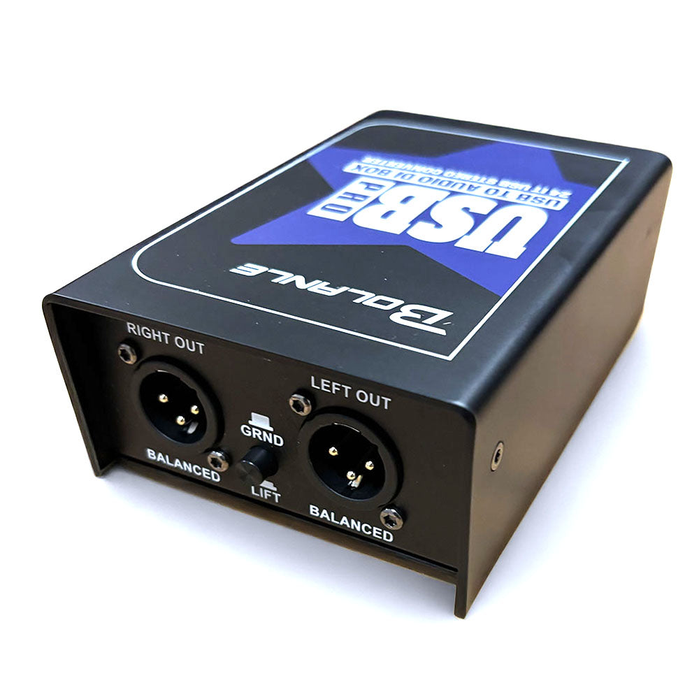 USB audio DI Box with dual XLR outputs on a white background