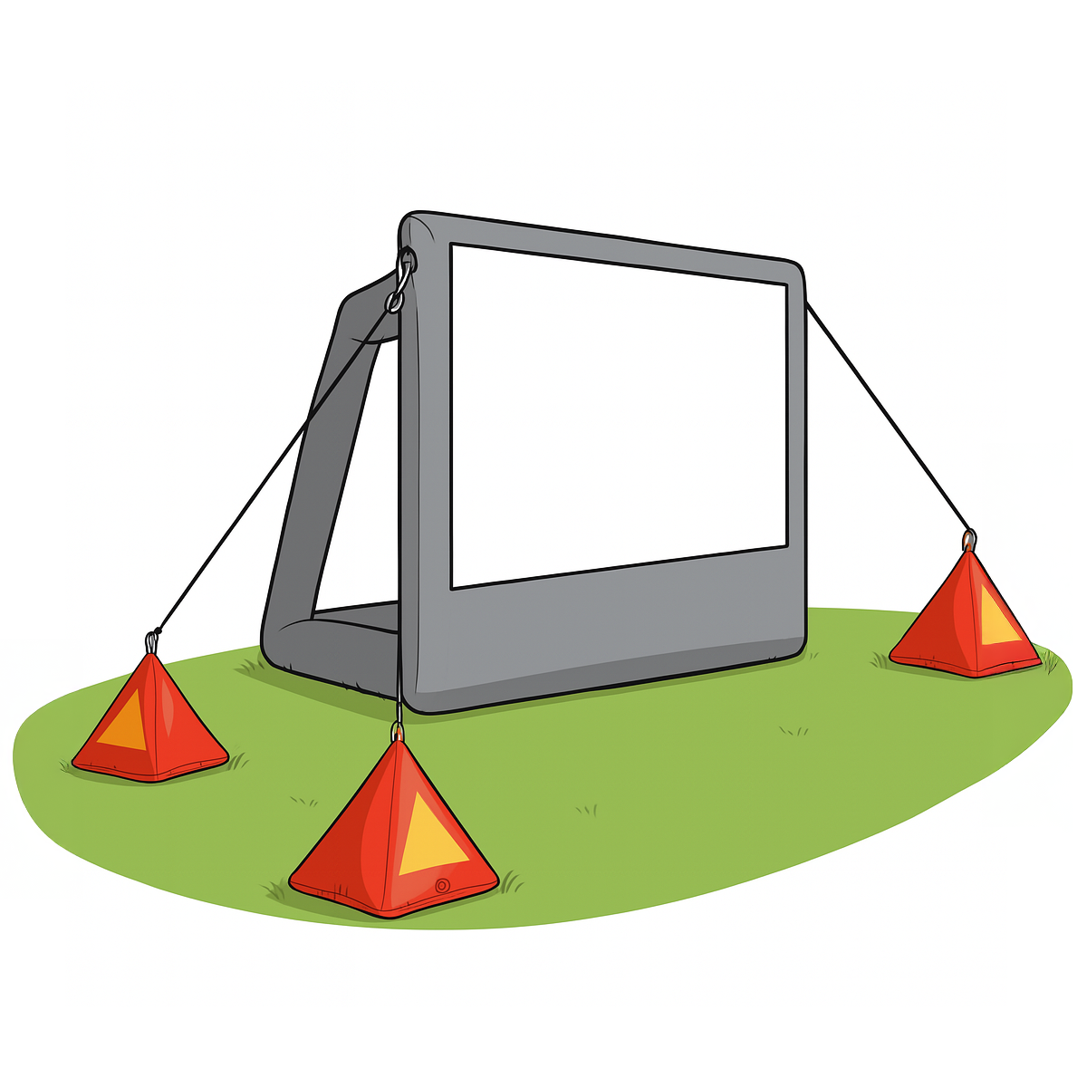 Portable outdoor movie screen with water anchor on a grassy area