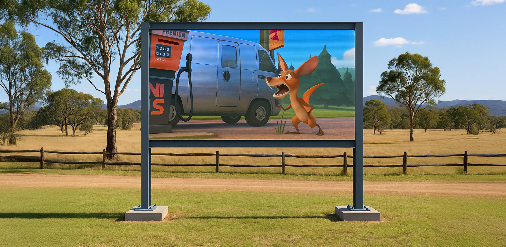 Animated scene on a large outdoor LED screen with a truck and kangaroo in a rural setting.