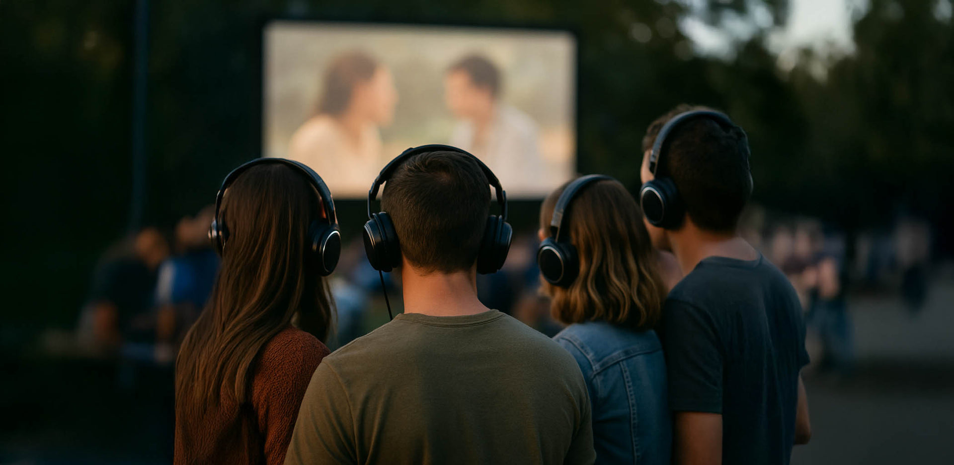 Group of people wearing headphones watching a movie on a large blow up projection screen outdoors.