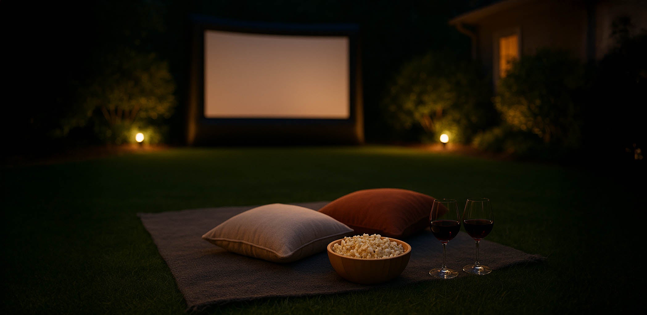 Inflatable blow-up Outdoor movie night setup with a screen, pillows, popcorn, and drinks on a blanket.