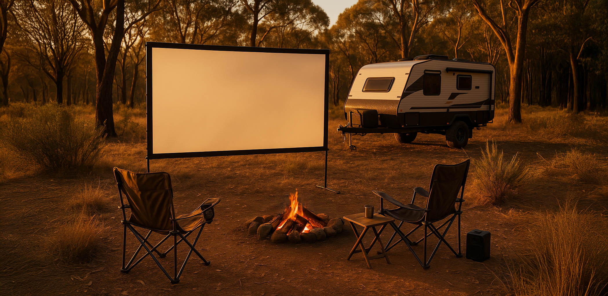 Outdoor camping scene with a projector screen, chairs, and a campfire in a forest setting.