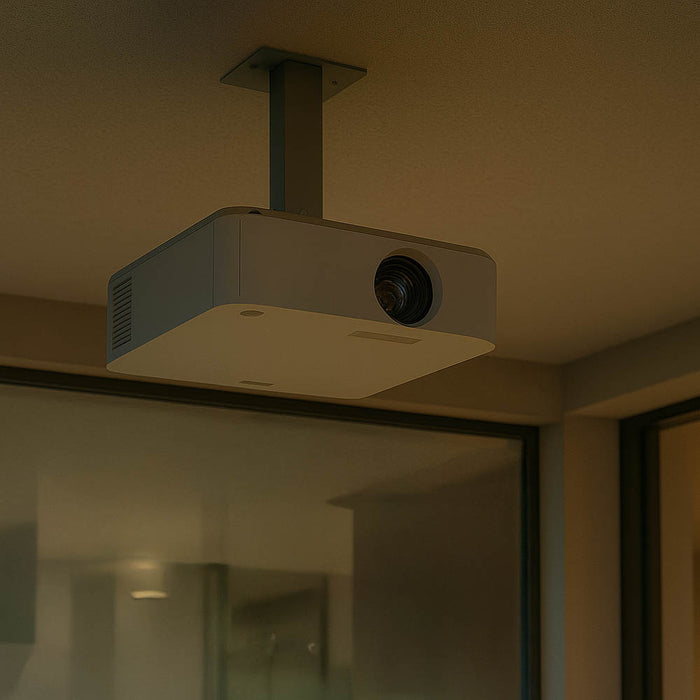 Projector mounted on a ceiling in a room with reflective surfaces