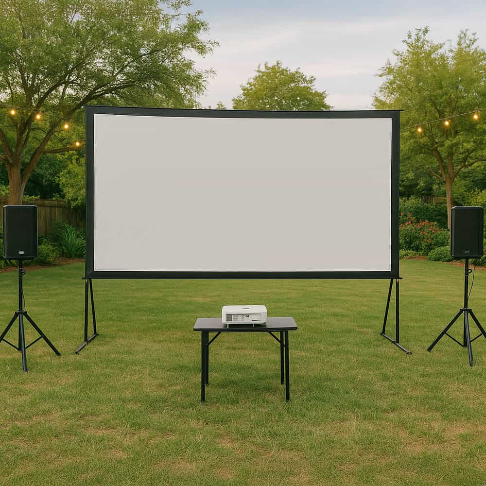 Backyard cinema kit with a 120″ screen, projector, and speakers on the grass ready for an outdoor movie night.