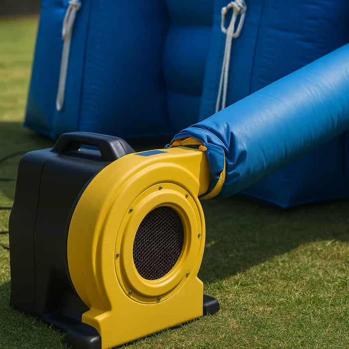 Yellow high-powered air blower attached to an inflatable outdoor screen, inflating it before a movie night.